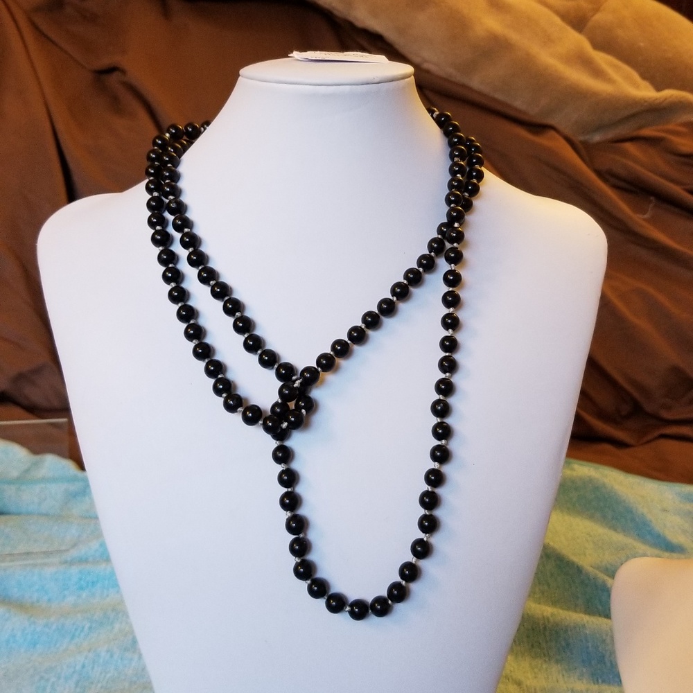 NWT Handmade Black Glass Pearl Necklace 46"